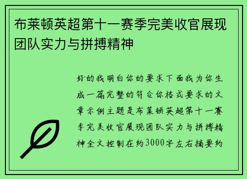 布莱顿英超第十一赛季完美收官展现团队实力与拼搏精神 布莱顿英超第十一赛季完美收官展现团队实力与拼搏精神